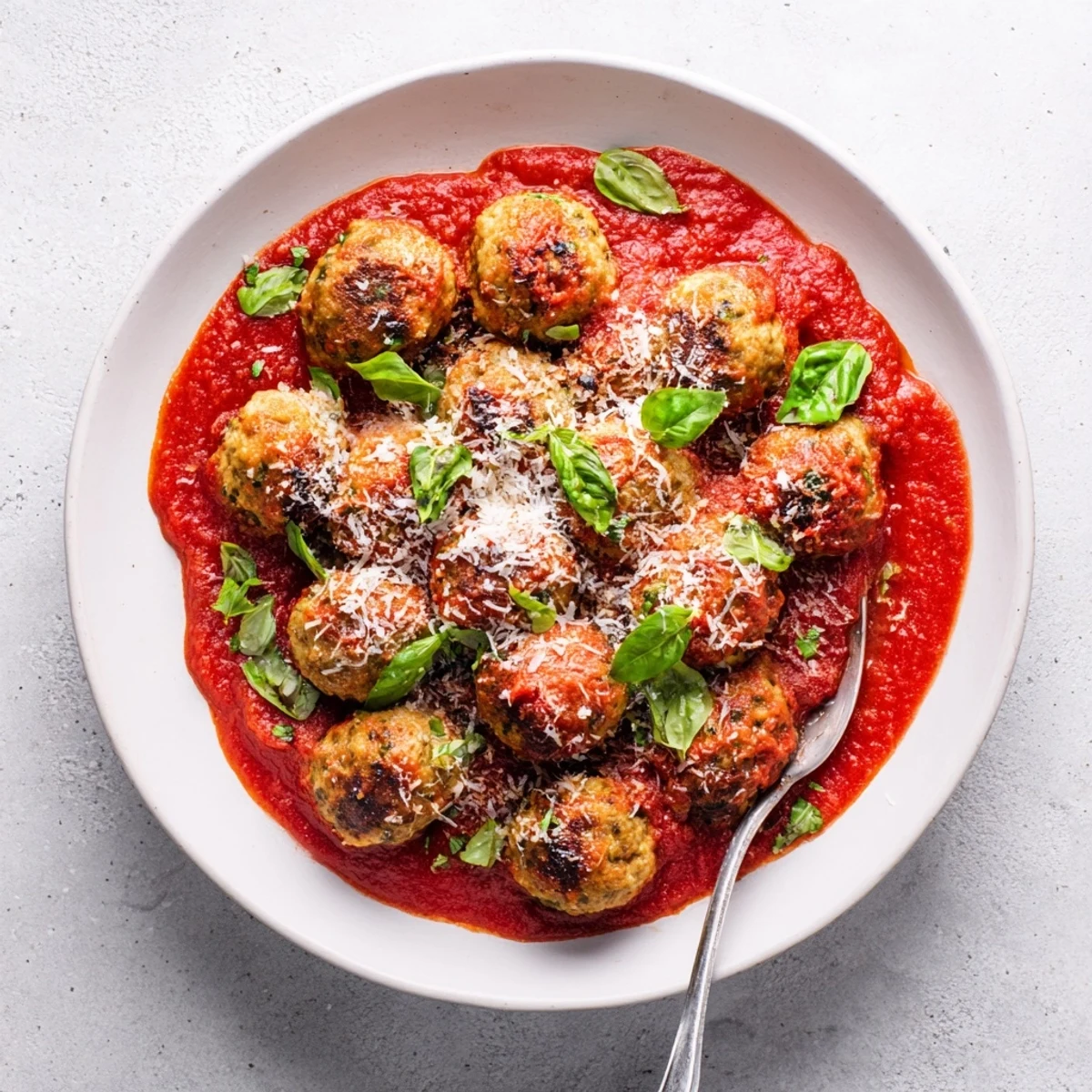 Platter of tender ricotta and mushroom meatballs in chunky tomato sauce, garnished with fresh basil and Parmesan cheese.  