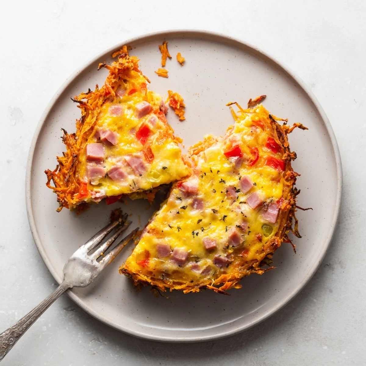The finished Red Capsicum and Ham Quiche with Sweet Potato Crust is sliced into wedges on a rustic wooden board next to a crisp green salad.