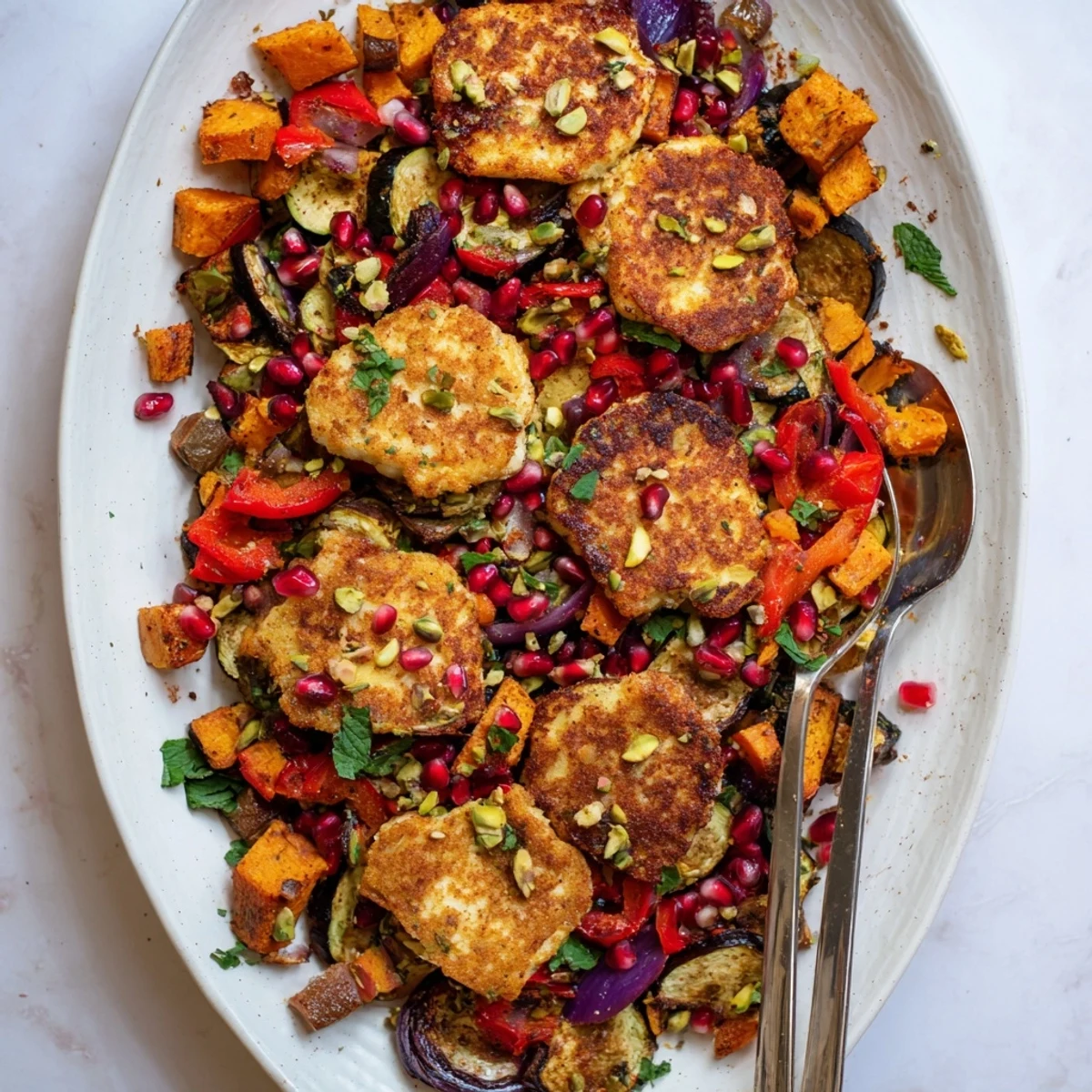 A close-up of Jewelled Haloumi With Spiced Vegetable Bake featuring golden cheese, caramelized vegetables, and a drizzle of creamy yogurt sauce.