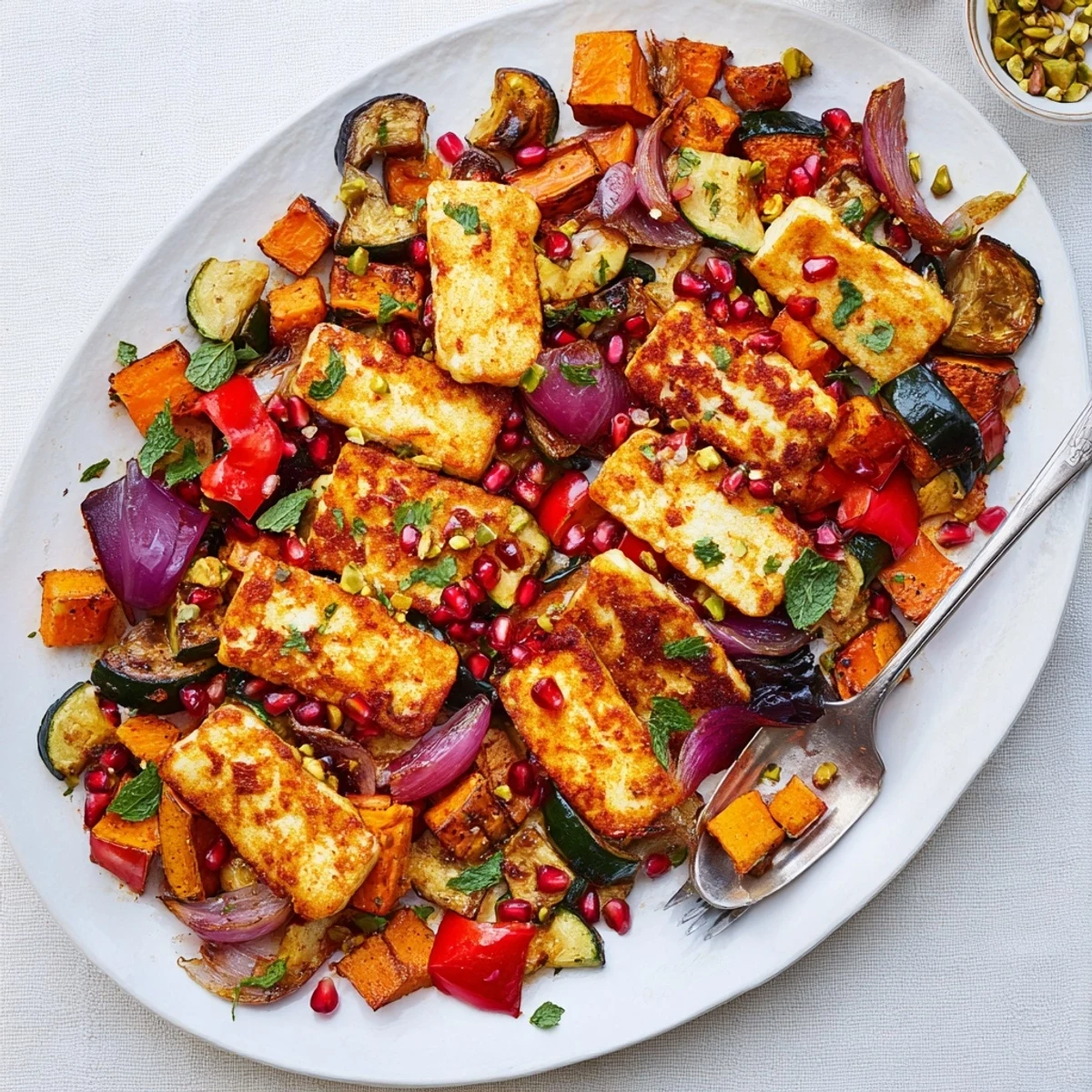 Vibrant Jewelled Haloumi With Spiced Vegetable Bake served warm with mint and parsley, perfect for a vegetarian dinner centerpiece.