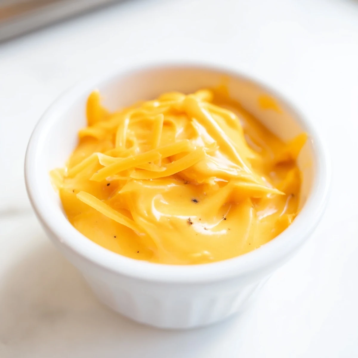 A steaming bowl of Snappy Cheddar Sauce, rich and tangy, ready to be drizzled over a baked potato.