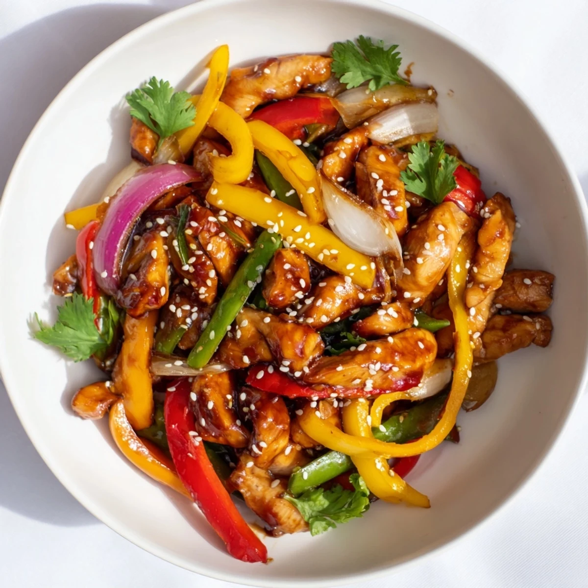 Juicy chicken slices coated in sweet chilli sauce with crisp red peppers and onions, ready to serve over steamed rice for a Quick Sweet Chilli Chicken Stir Fry.