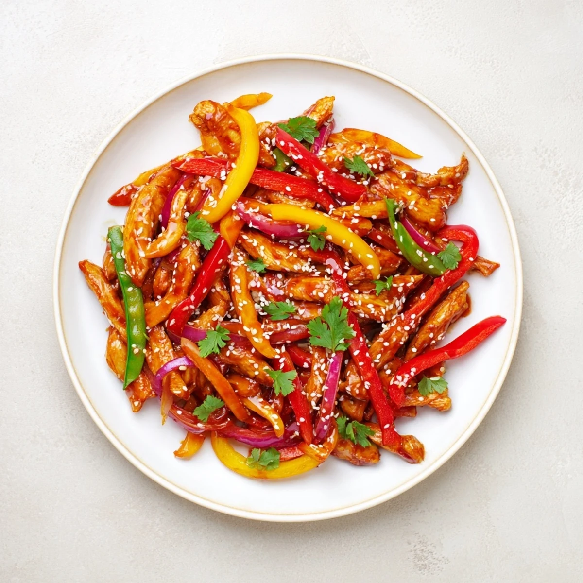 Freshly cooked Quick Sweet Chilli Chicken Stir Fry platter with vibrant snap peas and bell peppers, glistening sauce and sesame seeds for a tasty weeknight meal.