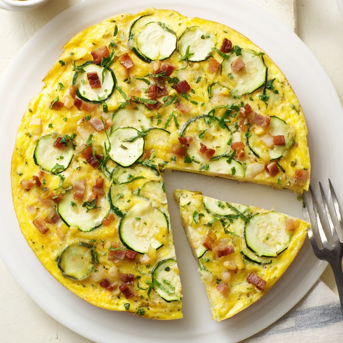 Golden slices of Zucchini Herb and Pancetta Frittata with crisp edges and soft eggs on a white plate.