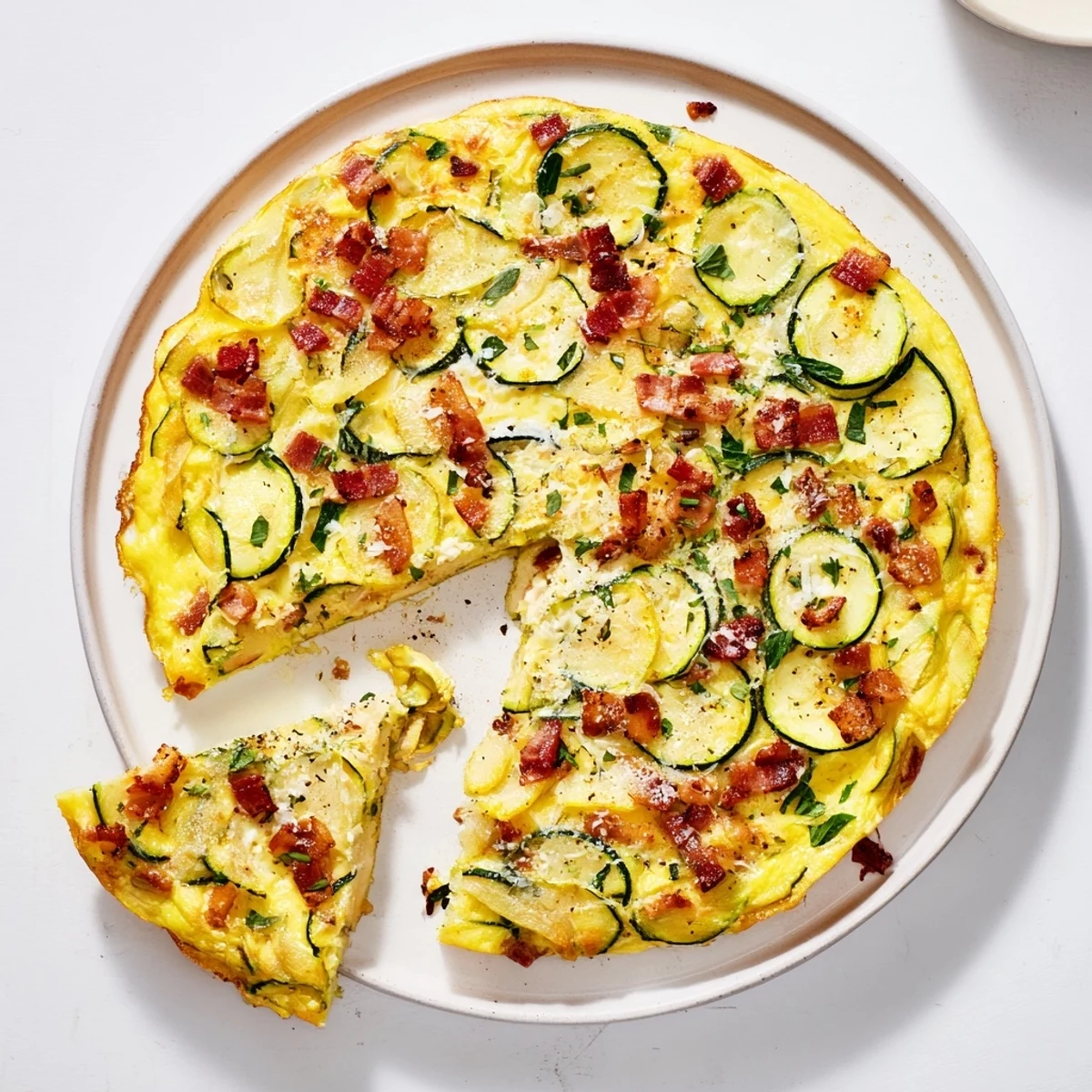 Savory Zucchini Herb and Pancetta Frittata, cut into wedges, highlighting the colorful zucchini and fresh herbs throughout.