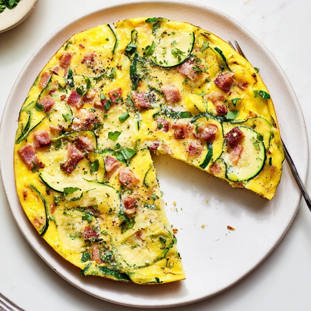Zucchini Herb and Pancetta Frittata fresh from the oven, served warm with a simple green salad on the side.