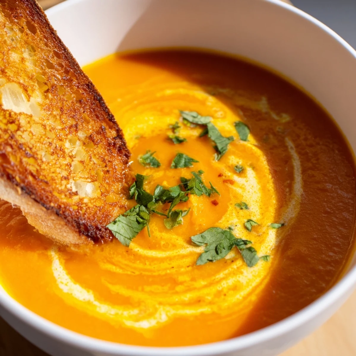 Creamy Carrot and Coriander Soup with Parmesan Toasts garnished with fresh green herbs.