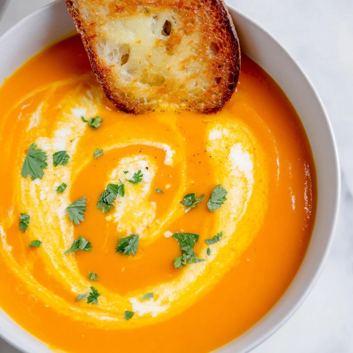 Steaming bowl of Creamy Carrot and Coriander Soup beside golden, crispy Parmesan toasts.
