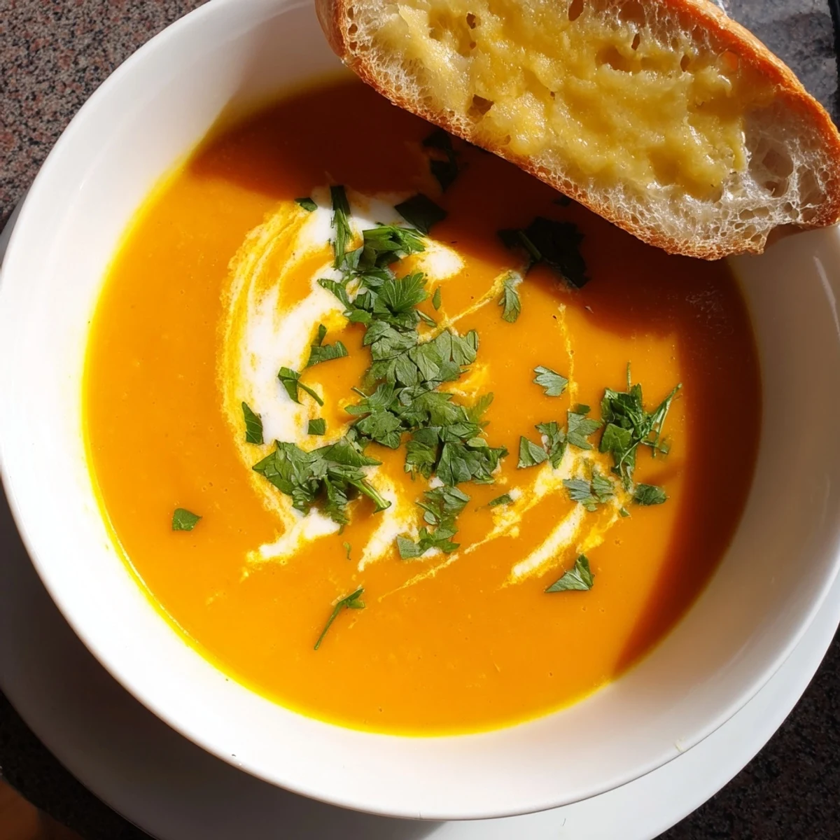 Vibrant orange soup topped with chopped cilantro and served with melted cheese toasts.