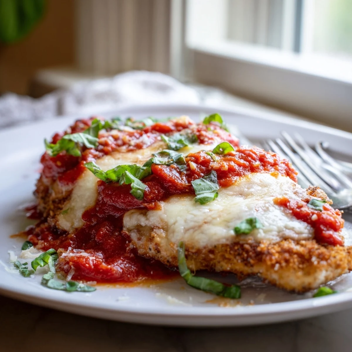 Juicy breaded Chicken Parmigiana served over spaghetti with fresh basil and melted cheese.