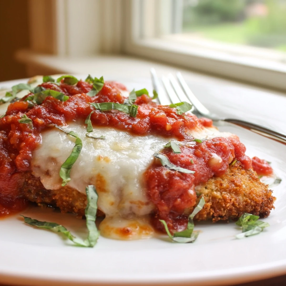 Tender Chicken Parmigiana with golden crust, rich tomato sauce, and melted cheese, ready to serve.