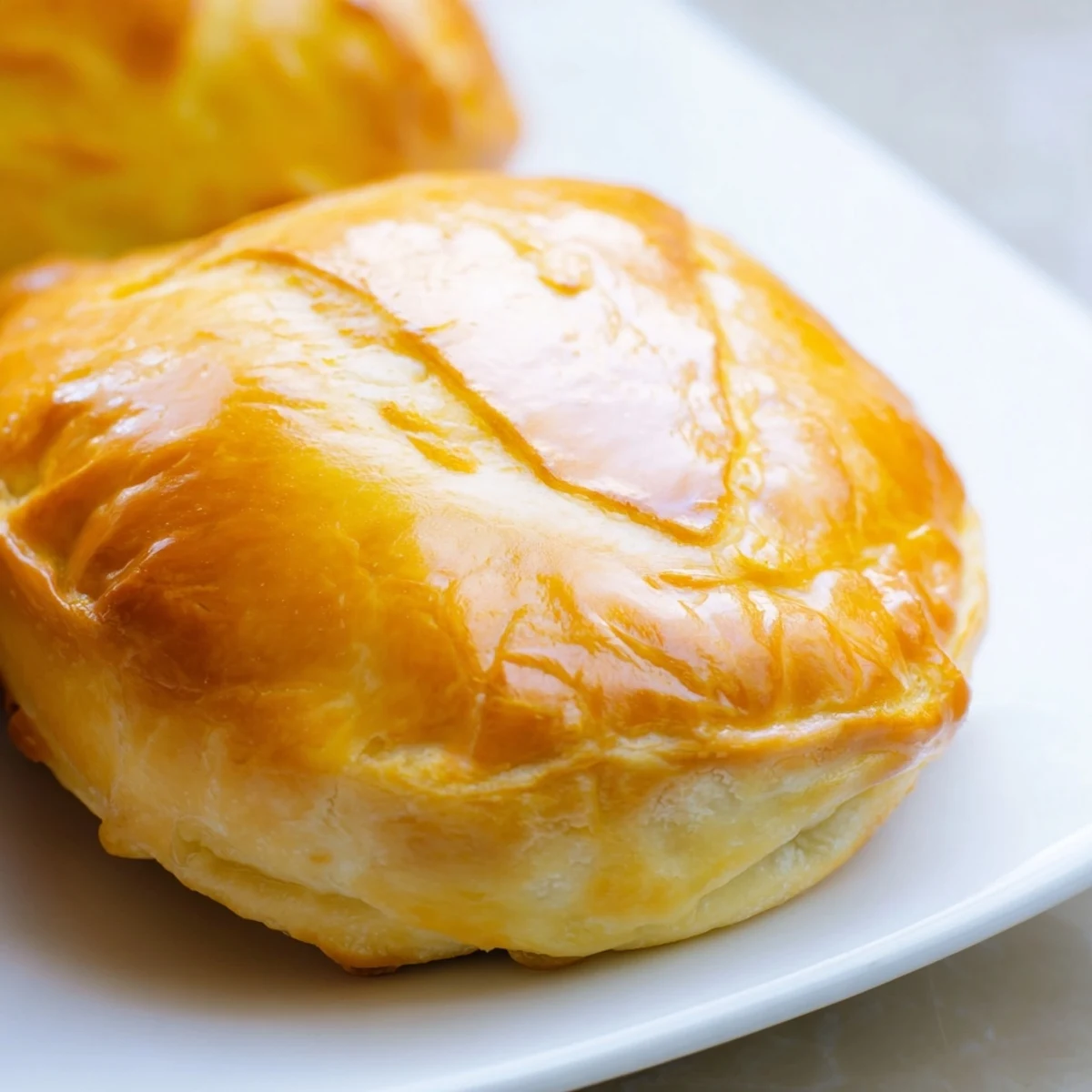 Close-up of Cheesy Egg and Cheese Piroshki on a plate, garnished with fresh dill and green onions.