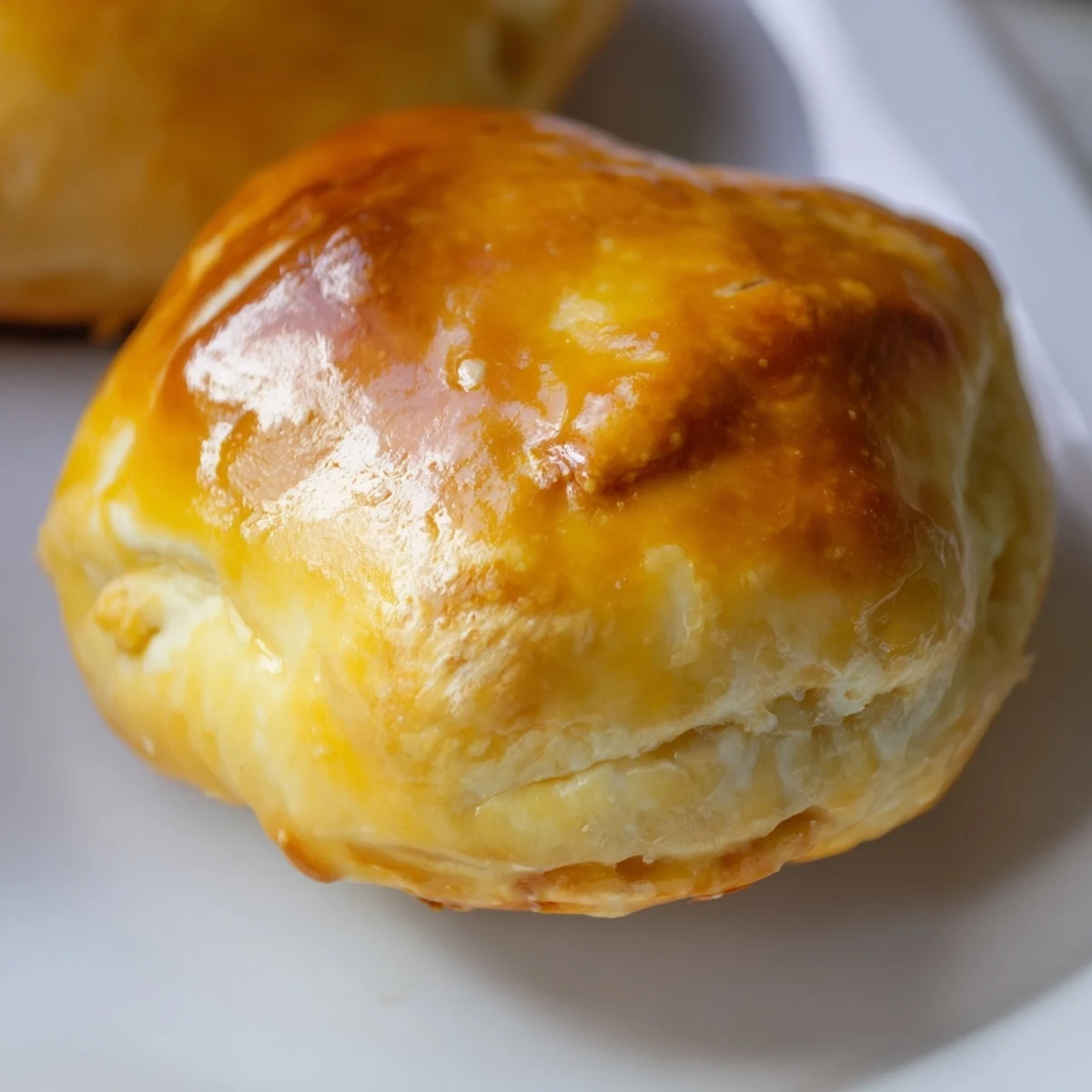 A hand lifts a baked Cheesy Egg and Cheese Piroshki, revealing a flaky crust and melted mozzarella filling.