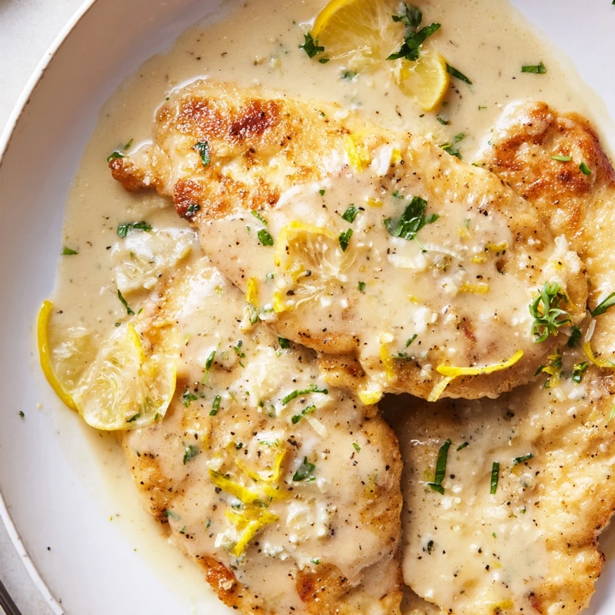 Sizzling skillet of Creamy Parmesan Lemon Chicken, served alongside steamed broccoli for a bright and comforting Italian-American dinner.