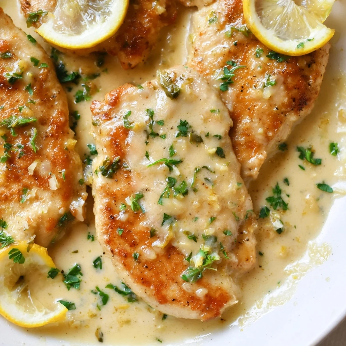 Golden seared chicken topped with Creamy Parmesan Lemon Chicken sauce, featuring melted Parmesan and a hint of zesty citrus.