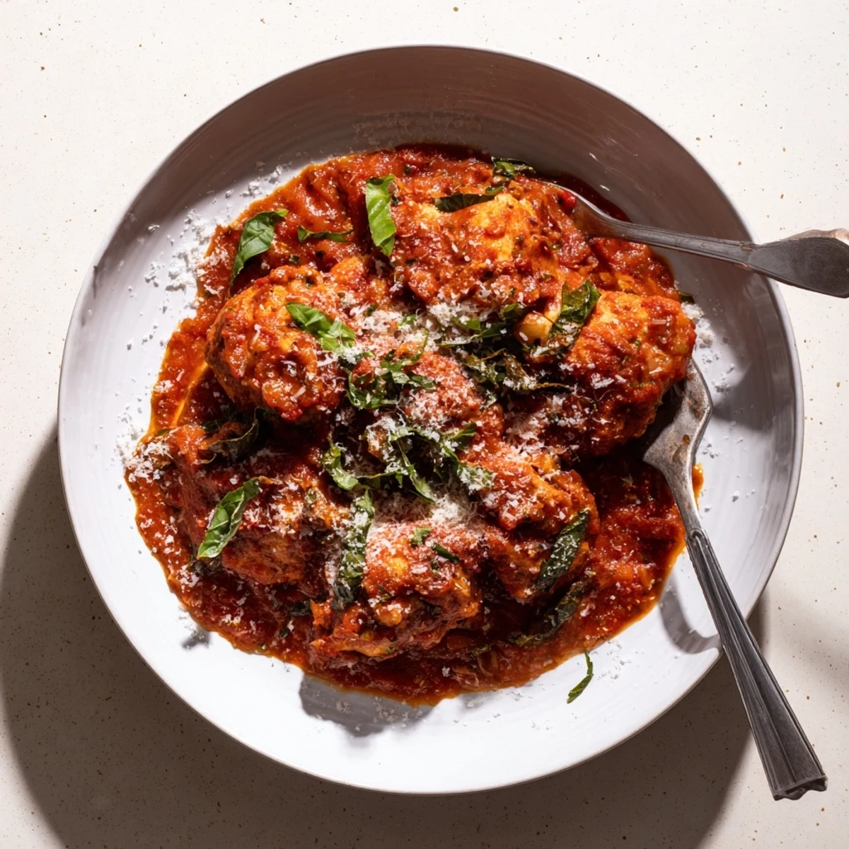 A serving of slow cooker tomato basil chicken over creamy polenta with melted Parmesan and crusty bread.