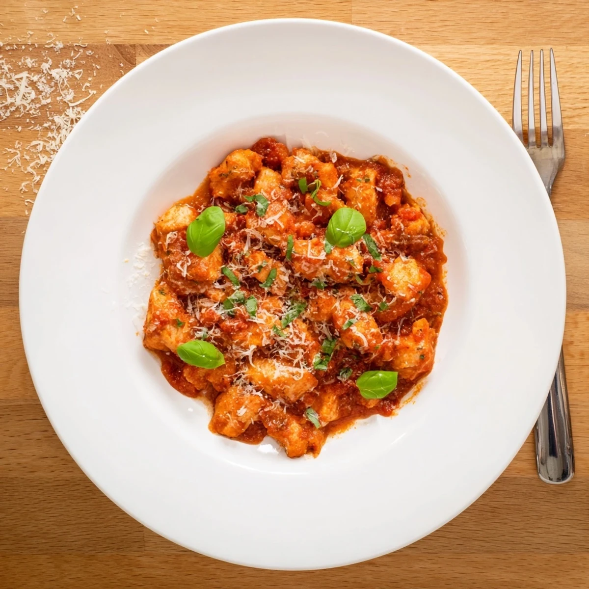 Slow cooker tomato basil chicken on a white plate with steam rising and a side of garlic bread.