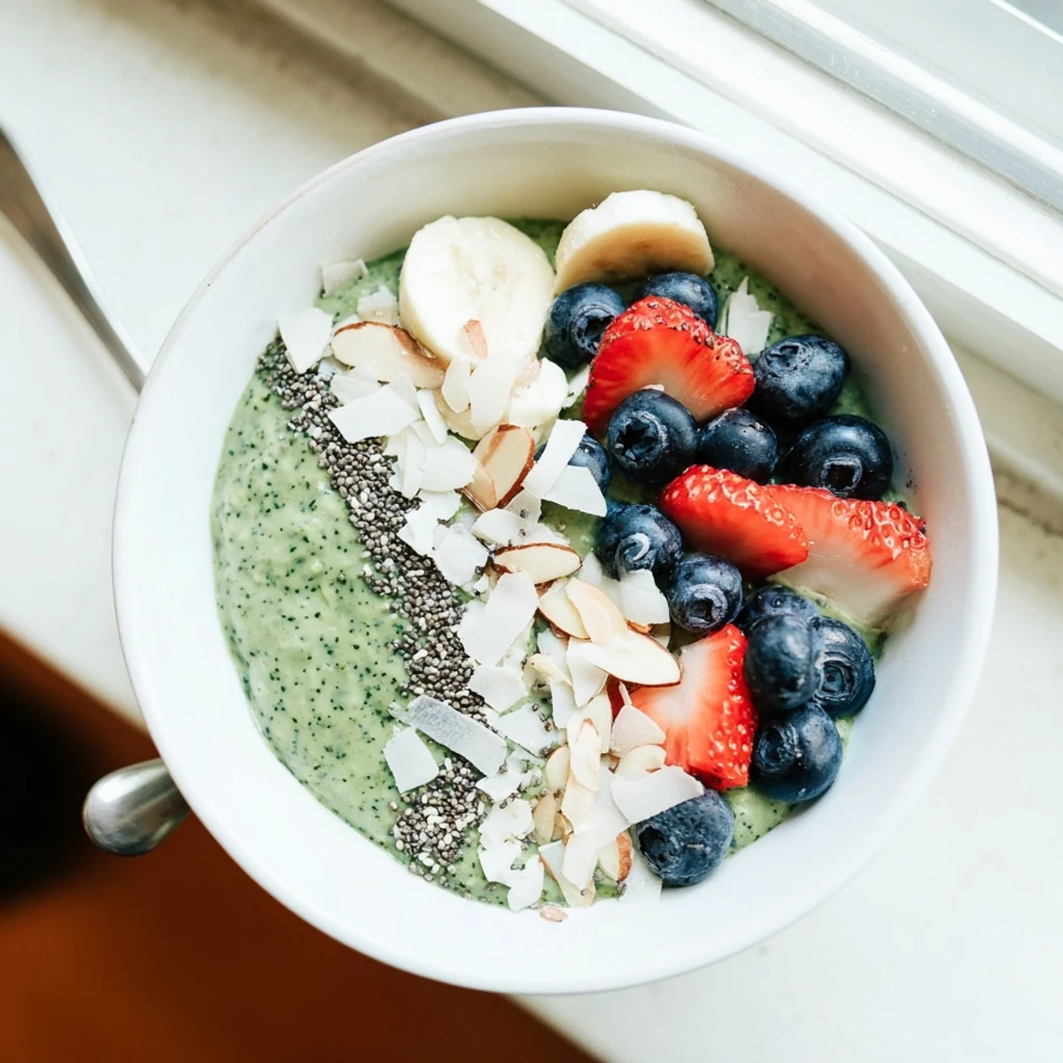 The vibrant green hue of this Matcha Protein Overnight Oats breakfast, garnished with fresh berries and sliced banana in a glass jar.