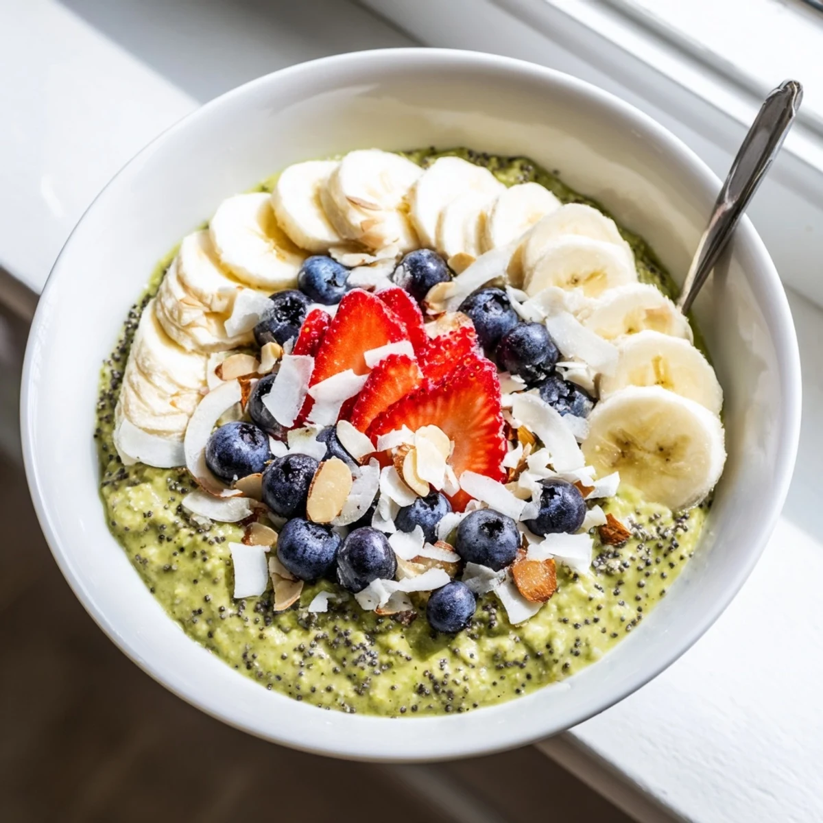 A creamy bowl of Matcha Protein Overnight Oats topped with nuts and a drizzle of honey, sitting on a marble countertop.