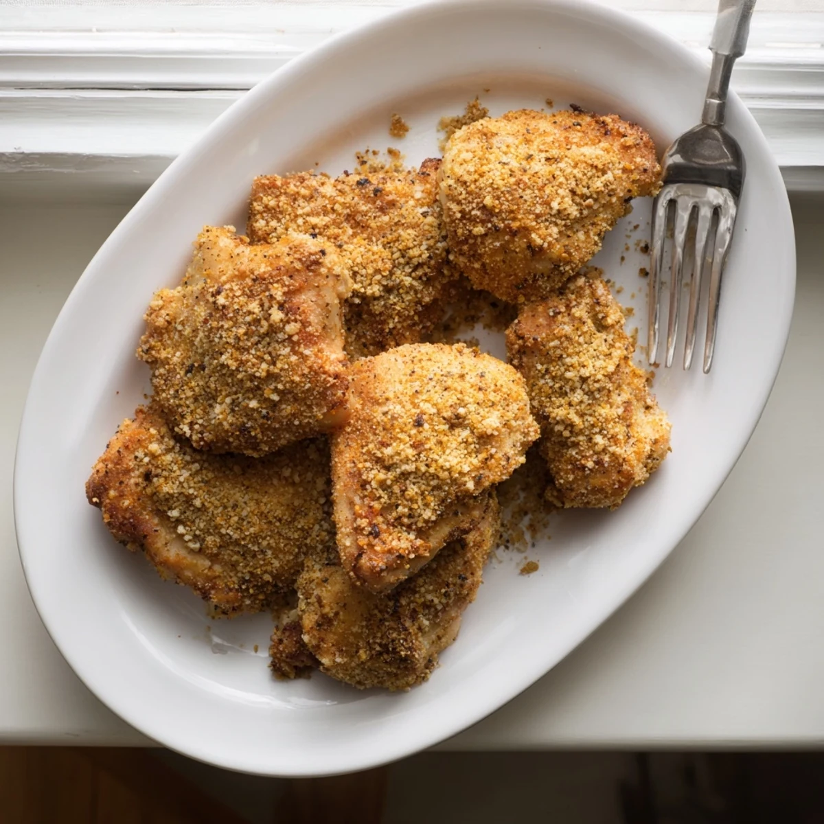 Crispy golden baked garlic parmesan chicken breasts rest on a white plate beside a vibrant green salad.