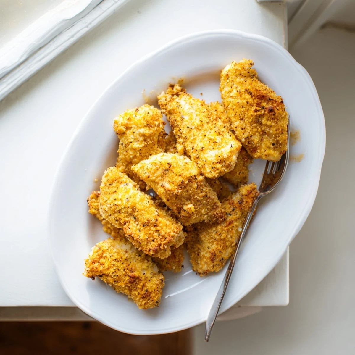 Close-up of juicy baked garlic parmesan chicken revealing a crunchy herb coating and melted cheese topping.