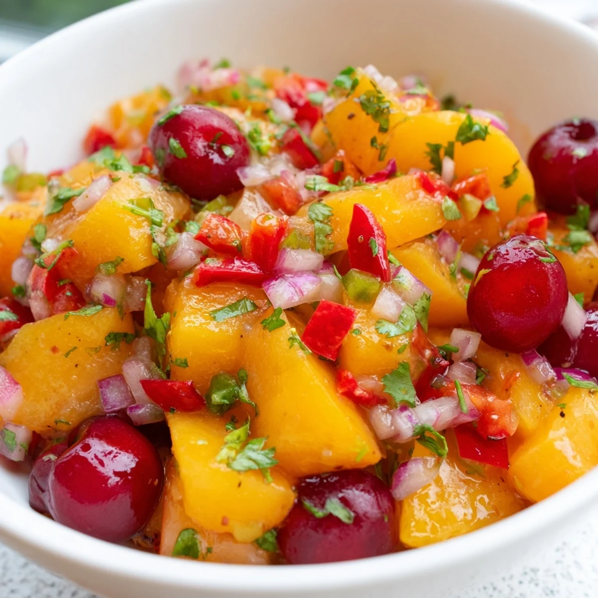 Bright, colorful Healthy Peach Cherry Salsa in a white bowl with a lime wedge and tortilla chips for dipping at a summer gathering.