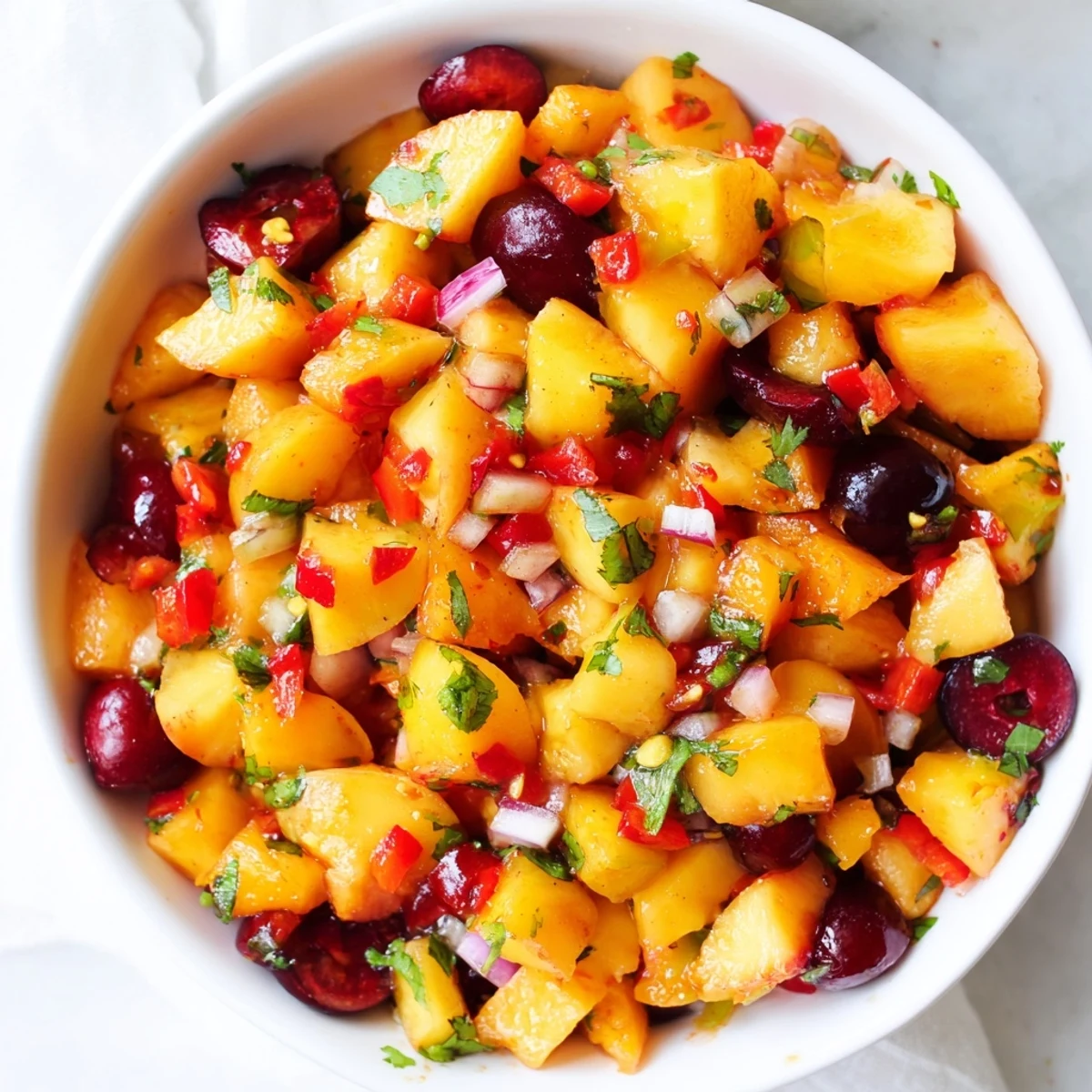 Fresh diced peaches and sweet cherries mixed with crisp red onion and jalapeño in Healthy Peach Cherry Salsa, served in a rustic ceramic bowl.