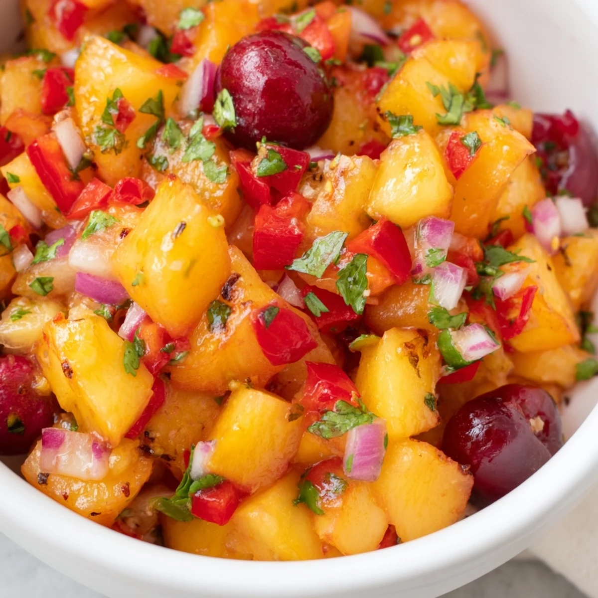 Vibrant summer Healthy Peach Cherry Salsa featuring juicy peaches and red bell pepper, ready to serve as a dip or taco topping.