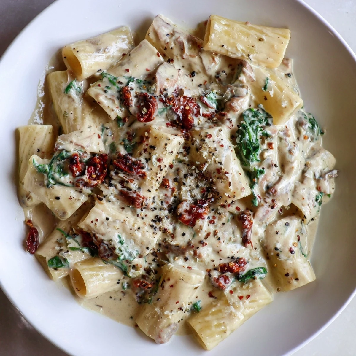 A photo of Creamy Tuscan Garlic Sauce in a white bowl, garnished with fresh spinach and sun-dried tomatoes.