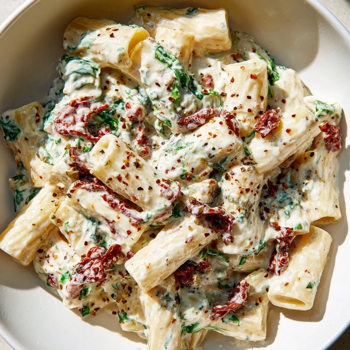 Creamy Tuscan Garlic Sauce is shown steaming warmly over pasta, with garlic and herbs visible throughout.