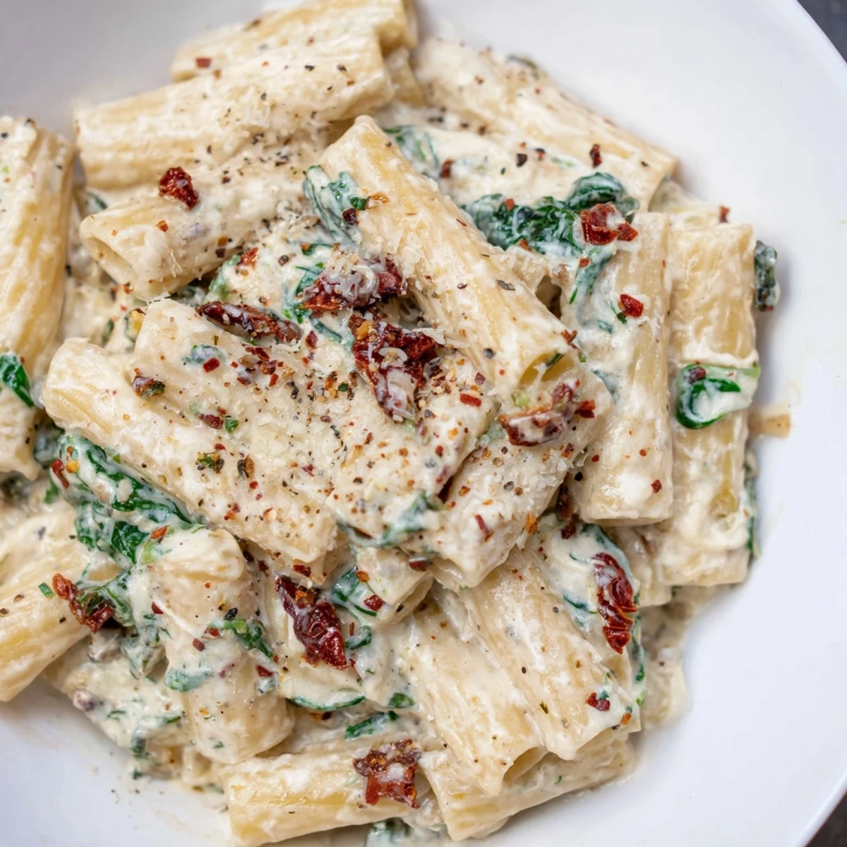 An overhead view of Creamy Tuscan Garlic Sauce in a skillet, ready to be served over grilled chicken.