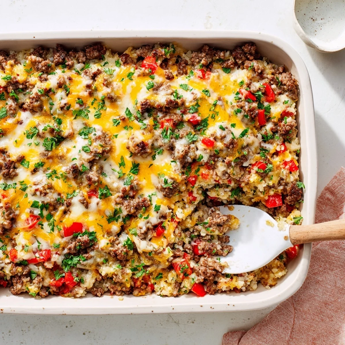 Ground Beef Casserole with Cauliflower Rice is plated family-style beside a crisp green salad for a low-carb dinner.