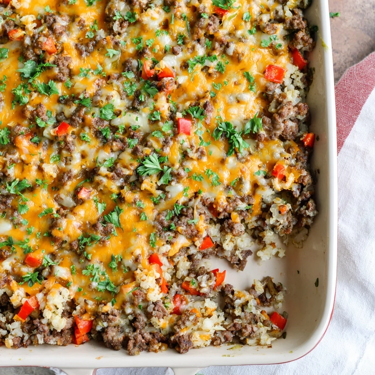 Golden-brown melted cheddar and mozzarella top the Ground Beef Casserole with Cauliflower Rice, served bubbly from the oven.
