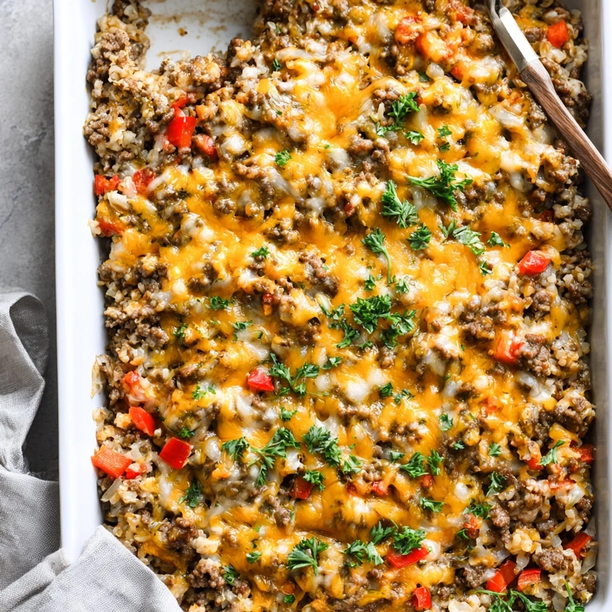 Hearty Ground Beef Casserole with Cauliflower Rice shows savory beef, peppers, and creamy cheese filling in a warm baking dish.