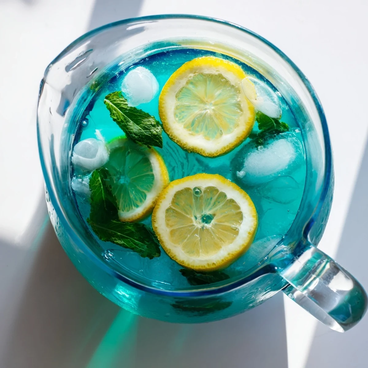 Close-up of Blue Spirulina Lemonade featuring lemon slices and ice cubes in a glass pitcher.