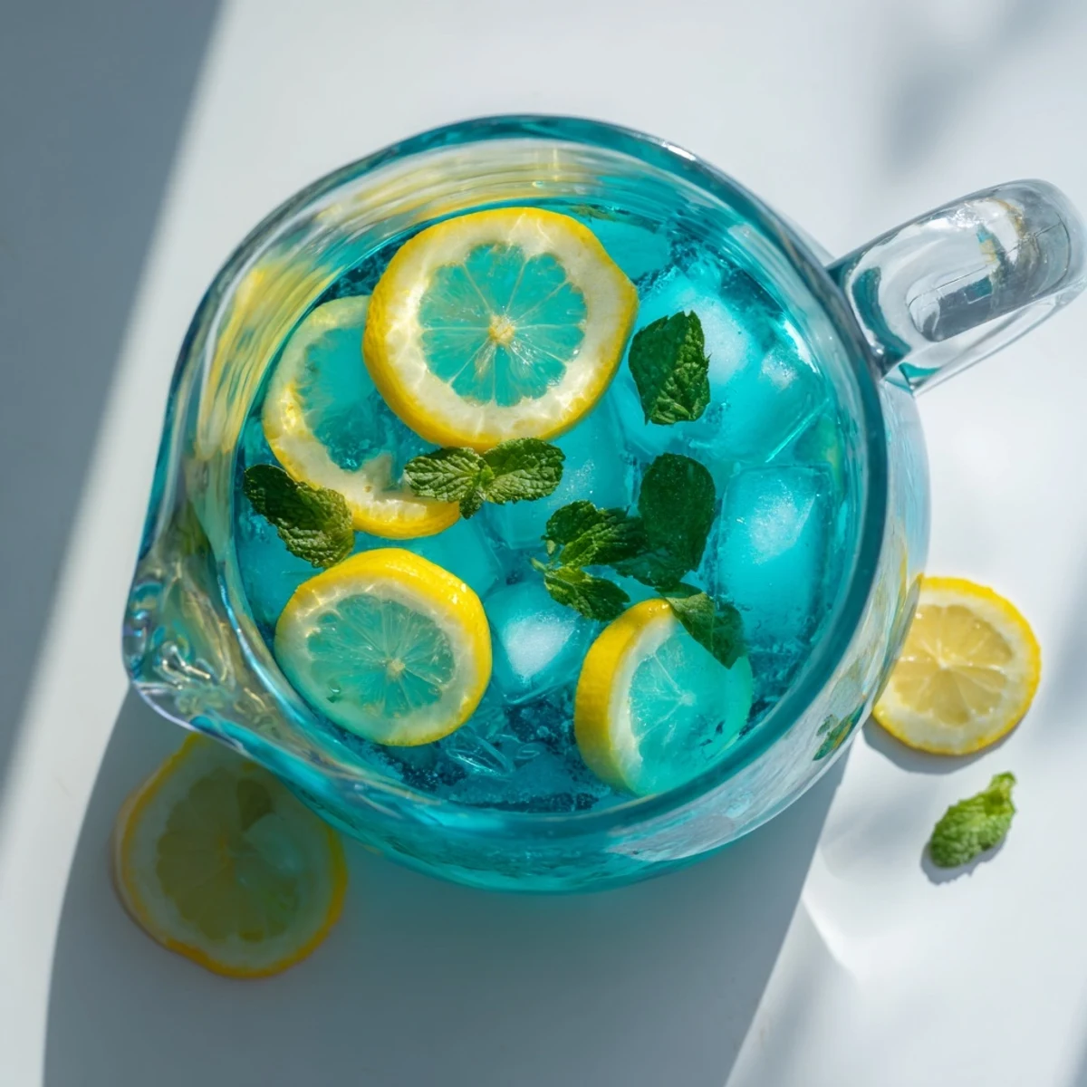 A chilled glass of Blue Spirulina Lemonade with vibrant blue color and fresh mint garnish.
