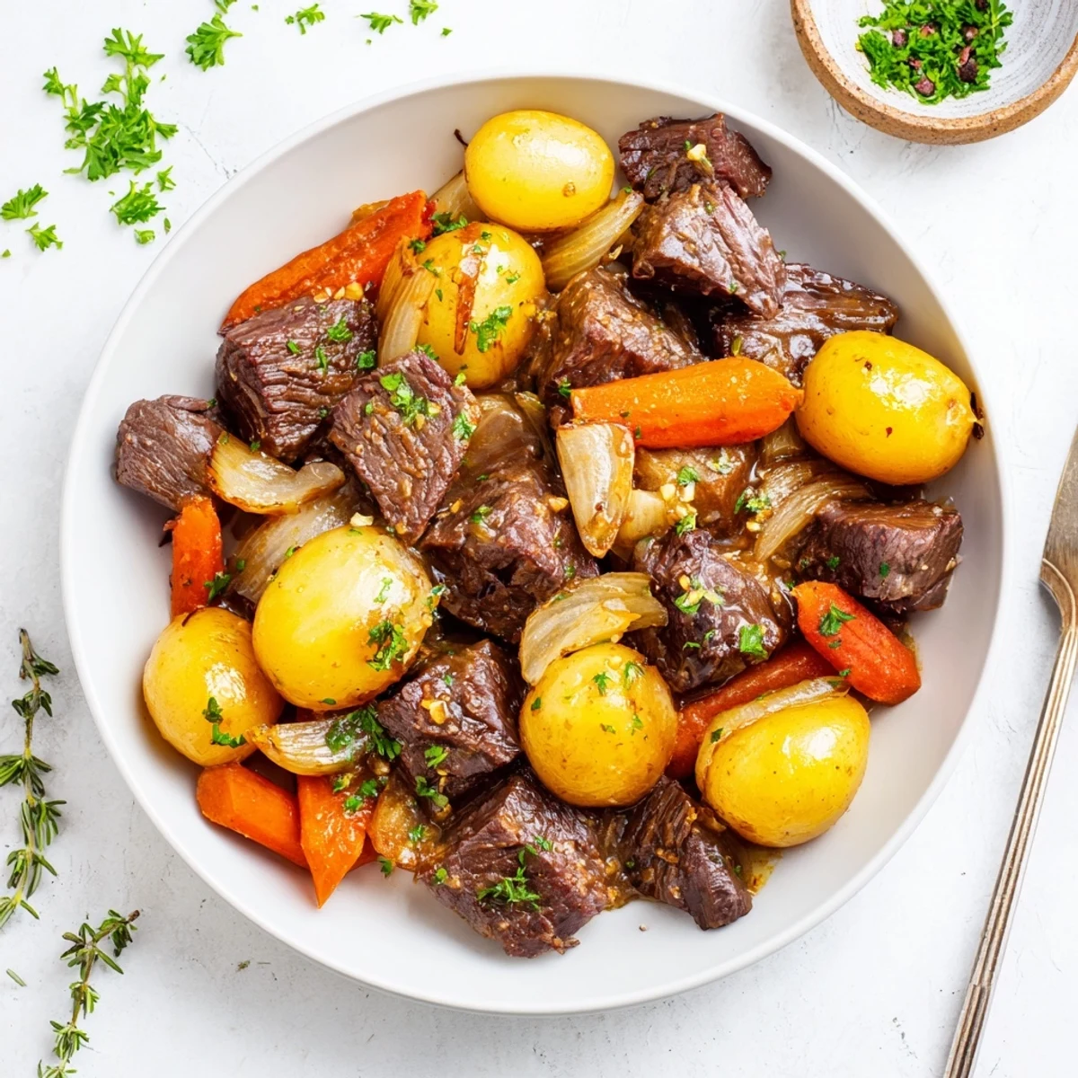 Slow Cooker Garlic Butter Beef With Potatoes features fork-tender meat, herbs, and potatoes in a rich, savory butter sauce.