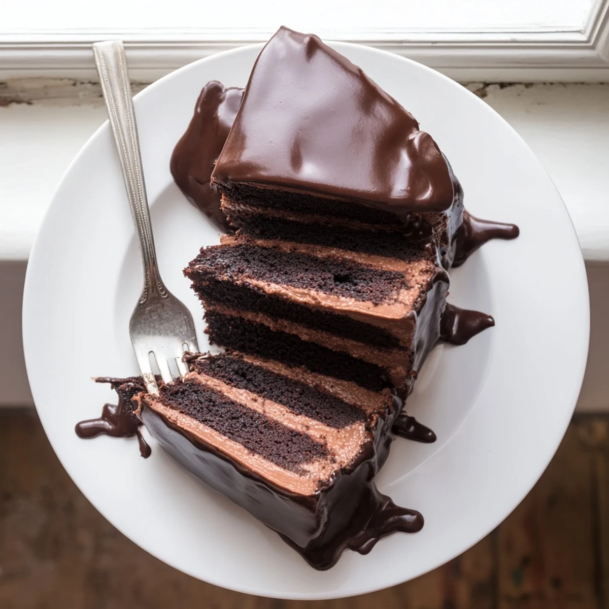 The triple layer Triple Matilda Chocolate Cake features a glossy chocolate ganache dripped over rich frosting.