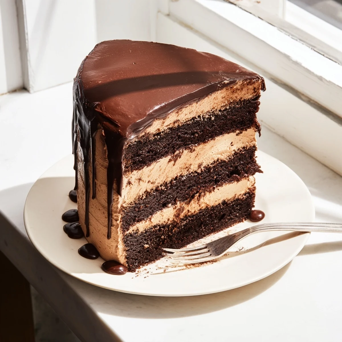 A close-up view of Triple Matilda Chocolate Cake slices served on a white dessert plate.