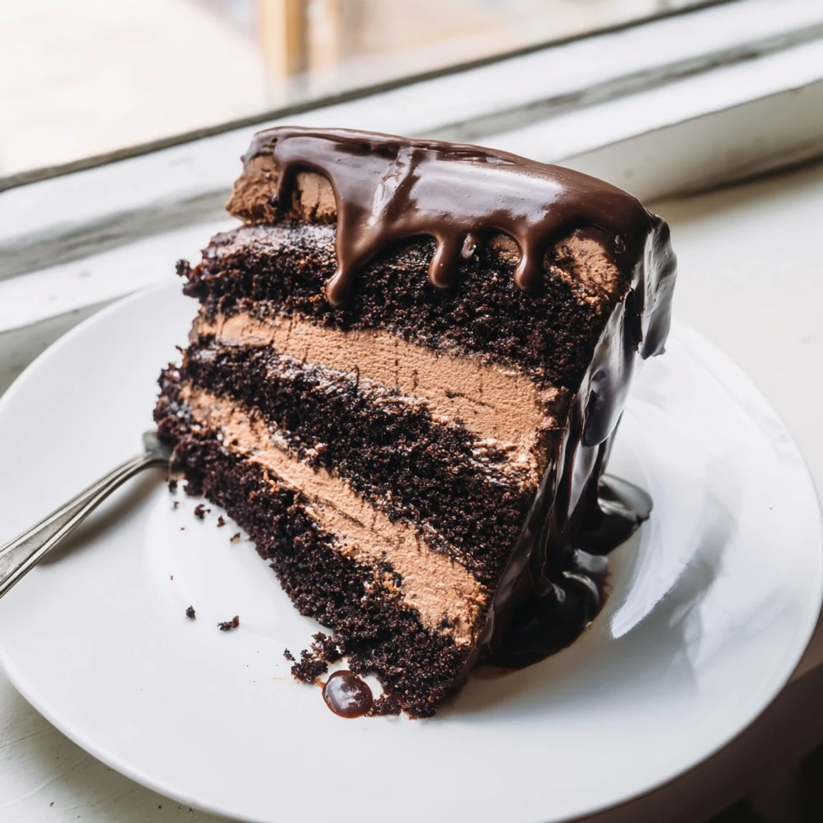 Moist chocolate sponge layers of Triple Matilda Chocolate Cake are stacked high with creamy frosting.