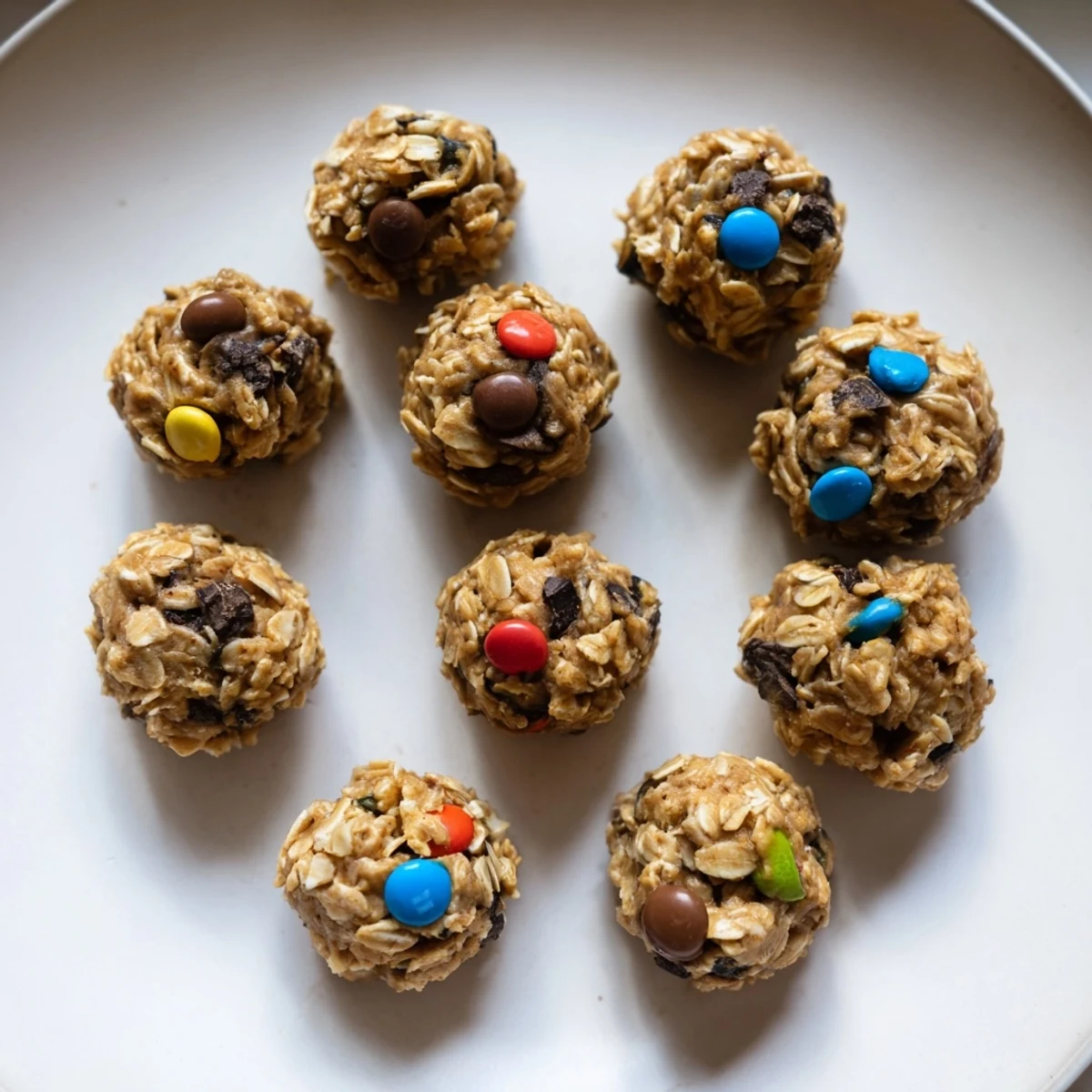 Golden brown Monster Cookie Protein Balls with visible mini chocolate chips, ready to serve for an easy no-bake American treat.