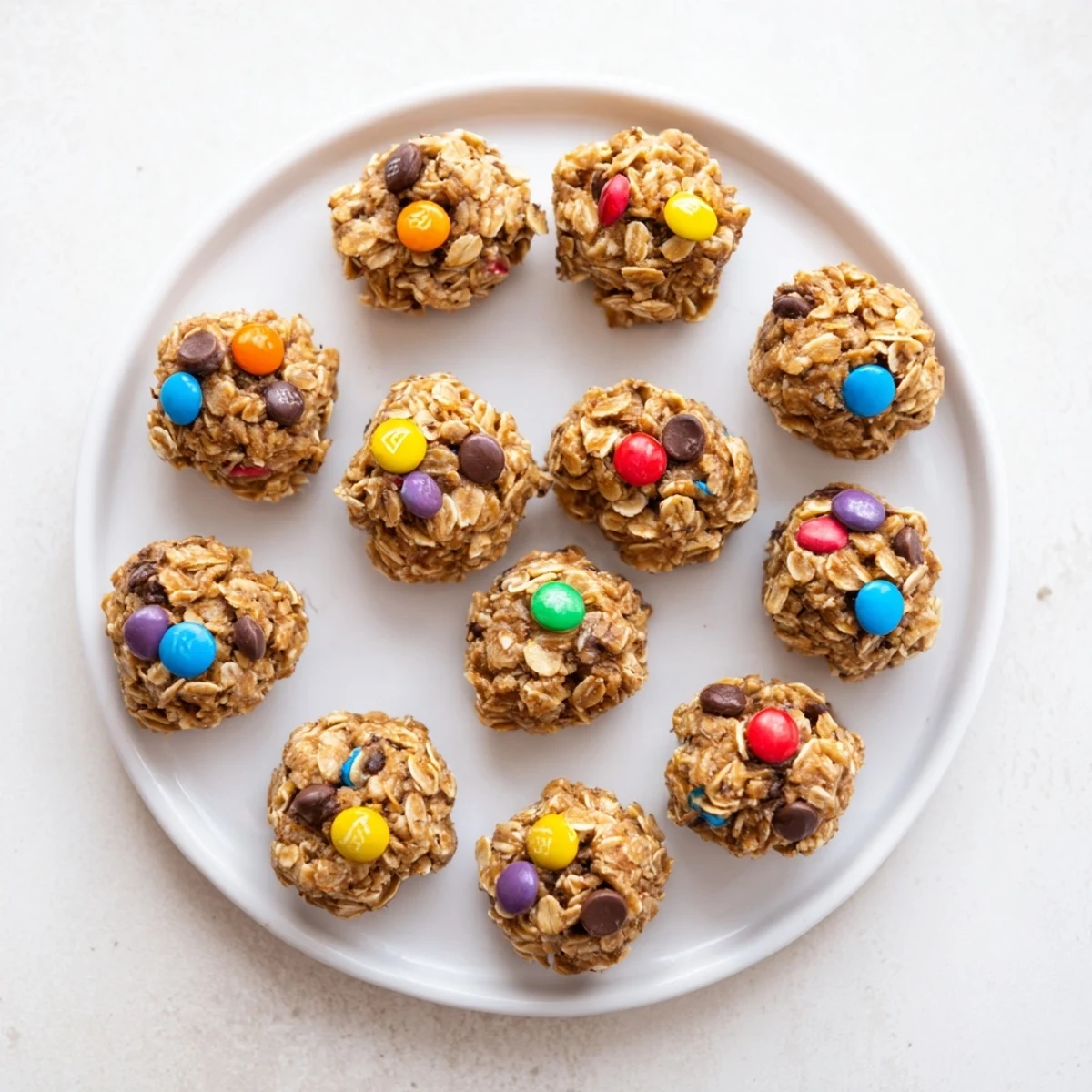 Monster Cookie Protein Balls arranged on a white plate next to a glass of milk, perfect for a wholesome post-workout snack.