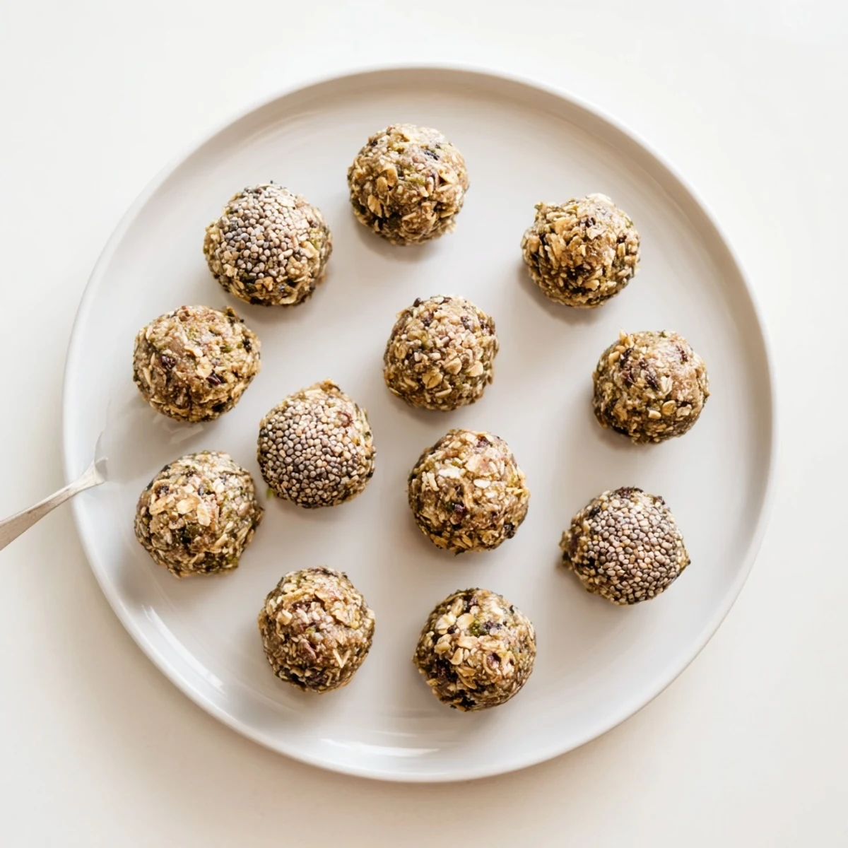 A close-up photo of homemade mint chocolate chip protein balls showcasing creamy almond butter and mini chocolate chips.