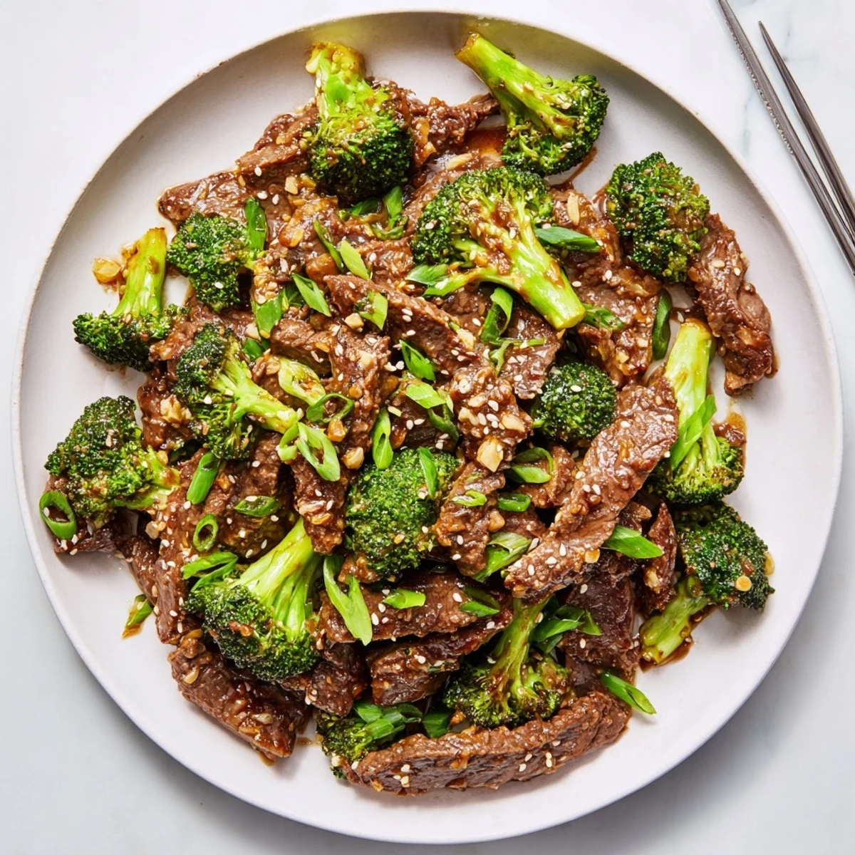 A close-up shows saucy, wok-tossed Better Than Takeout Beef With Broccoli garnished with sesame seeds and sliced green onions.