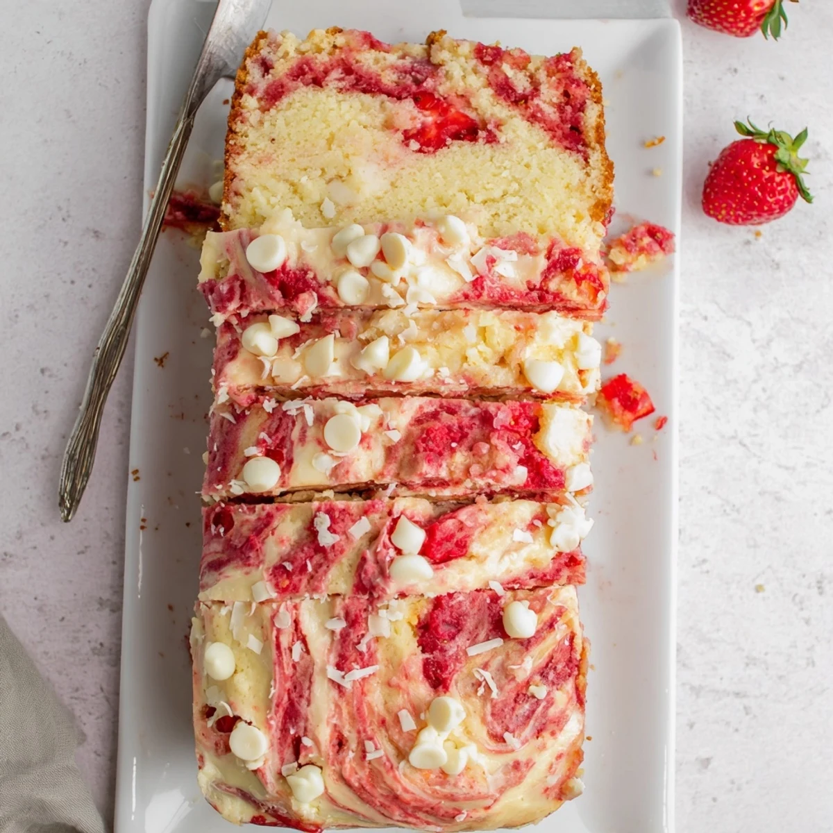 A slice of Strawberry Earthquake Cake with creamy cheesecake swirls and fresh strawberry pieces on a white plate.