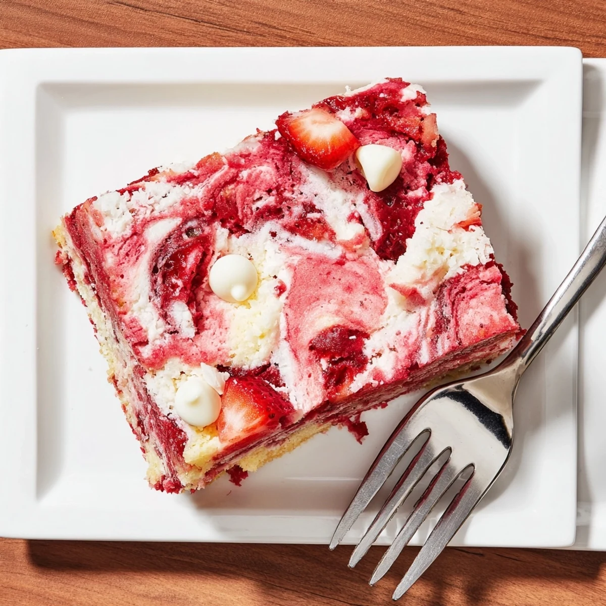 A warm serving of Strawberry Earthquake Cake, featuring a gooey center with melted white chocolate chips and coconut flakes.