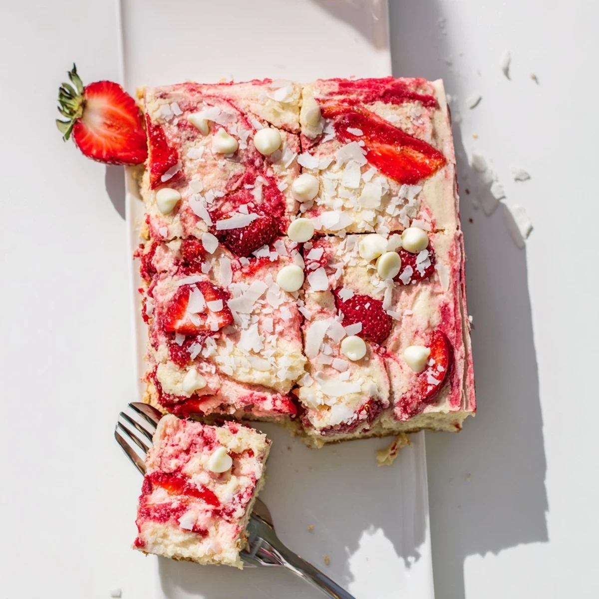 A close-up view of Strawberry Earthquake Cake showing a marbled texture with diced strawberries and a moist strawberry cake base.