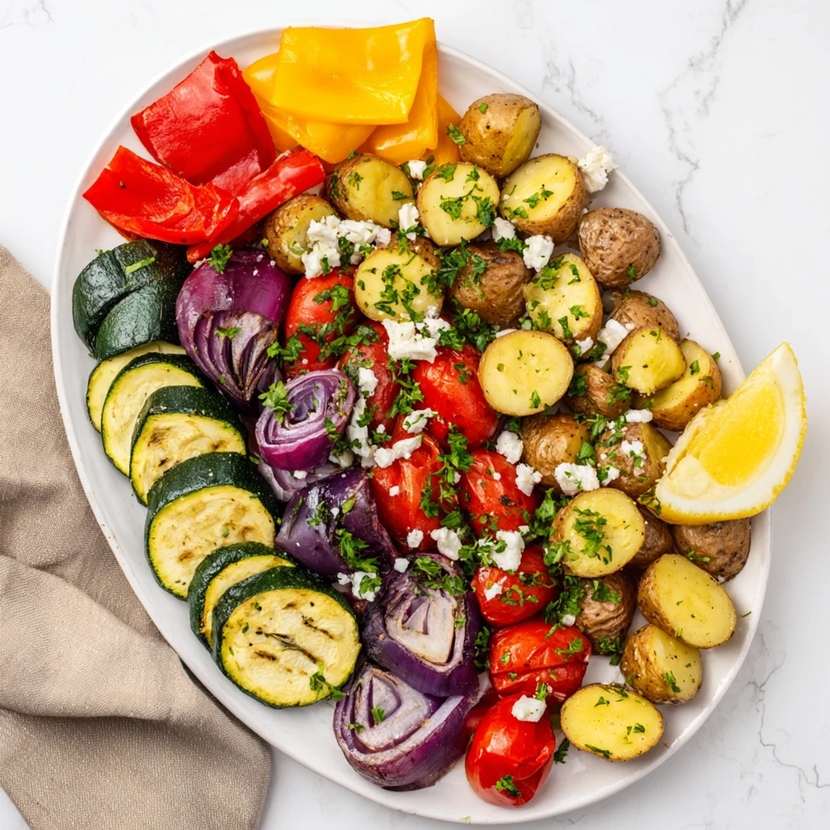 Vibrant One Pan Greek Vegetables just out of the oven, sizzling with olive oil and herbs, served warm with lemon wedges for a family-style side.