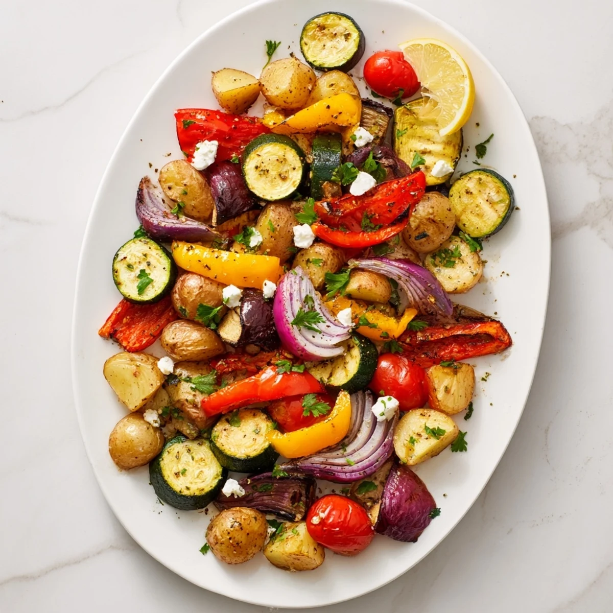 A close-up of One Pan Greek Vegetables, golden roasted zucchini and peppers with caramelized edges, fresh parsley, and crumbled feta on a white plate.