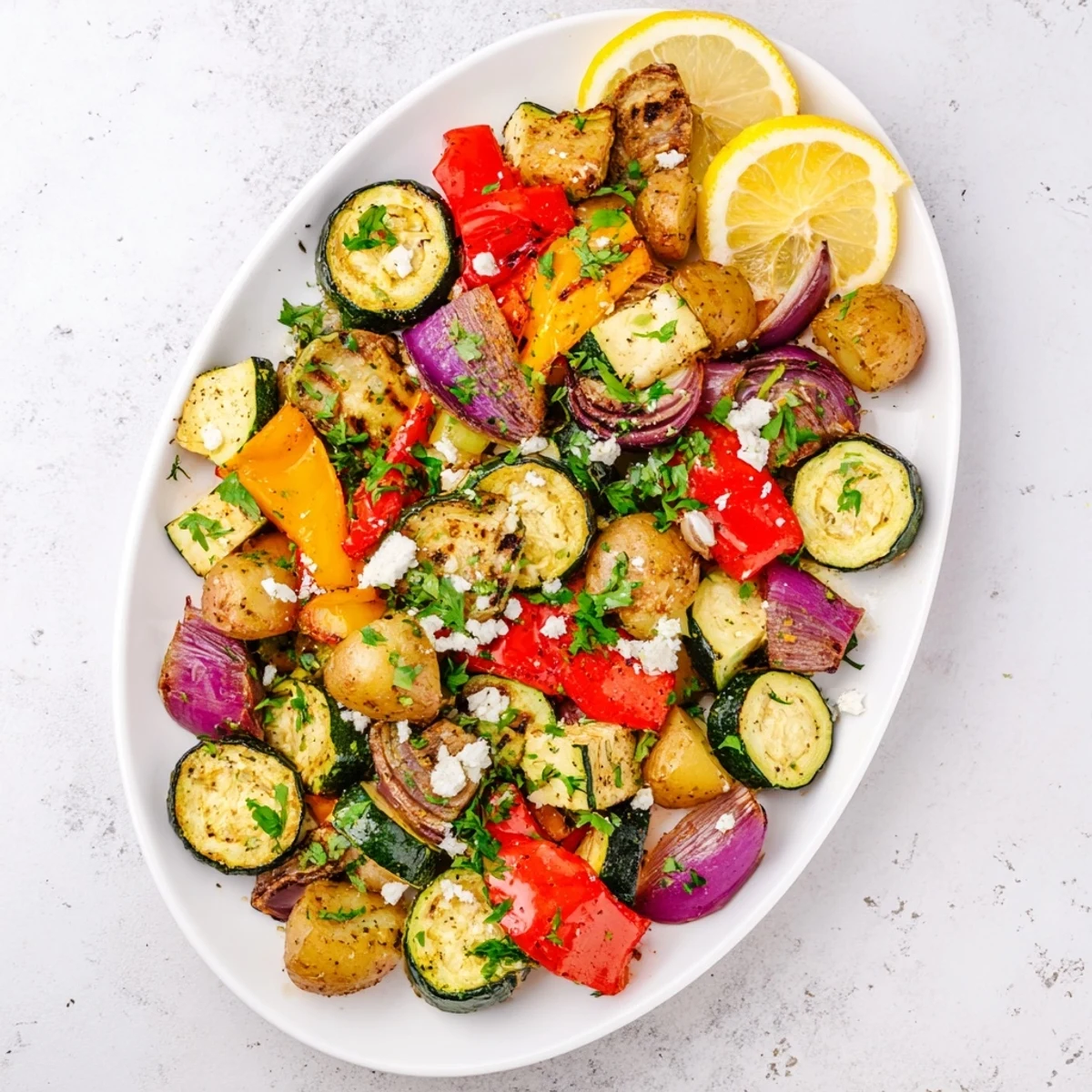 A rustic platter of One Pan Greek Vegetables showing tender eggplant and potatoes, topped with feta, ideal for a healthy vegetarian main dish.